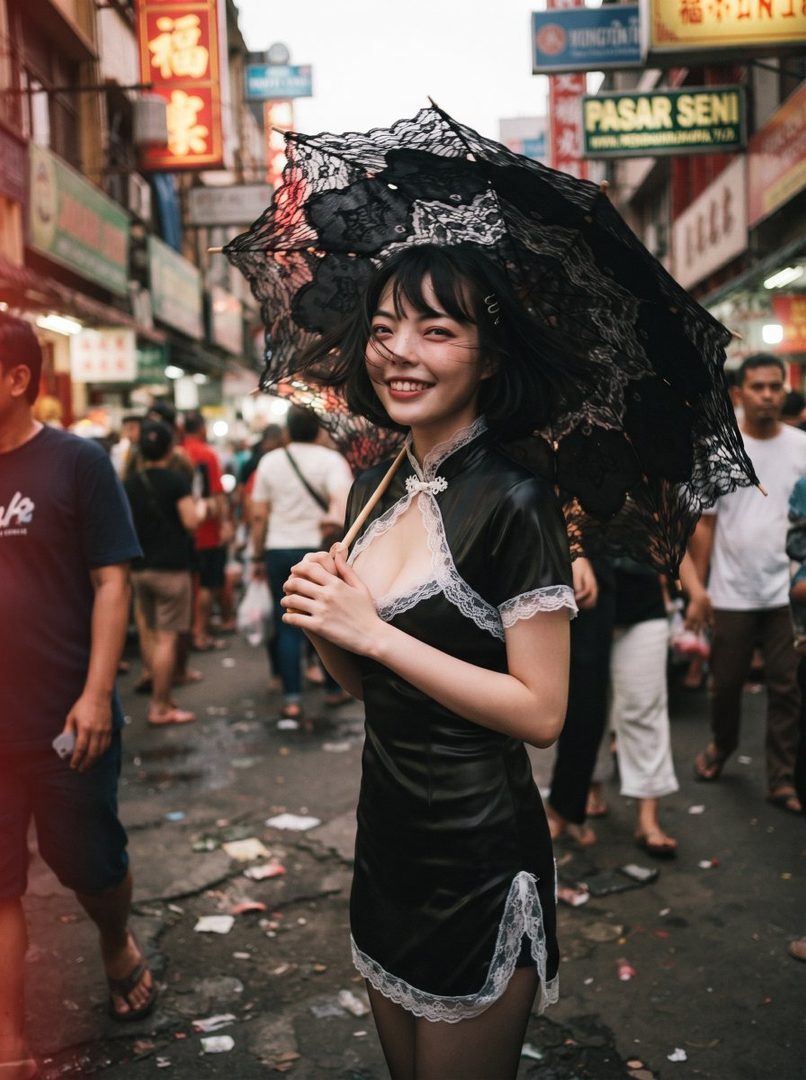 A smiling East Asian woman in a black dress with white lace trim holds a black lace umbrella while standing on a crowded street.
