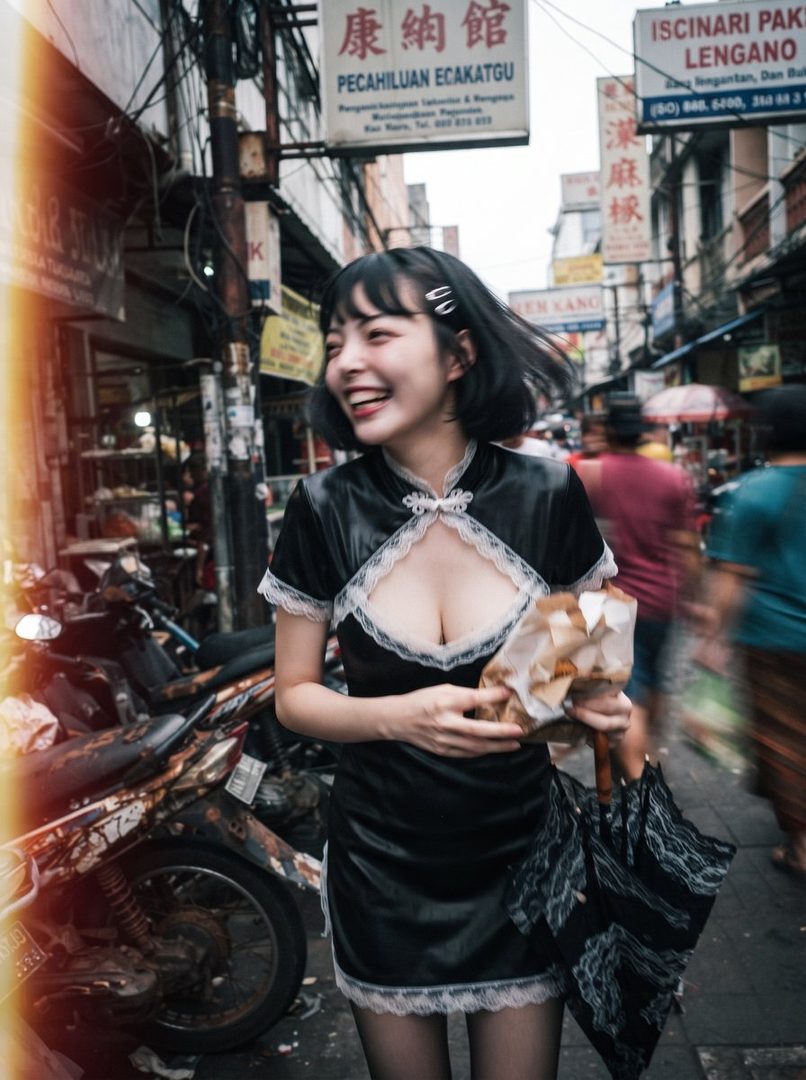 A young woman with short black hair and bangs, wearing a black dress with white lace trim, smiles brightly while walking down a bustling street with signs in Chinese and other languages.