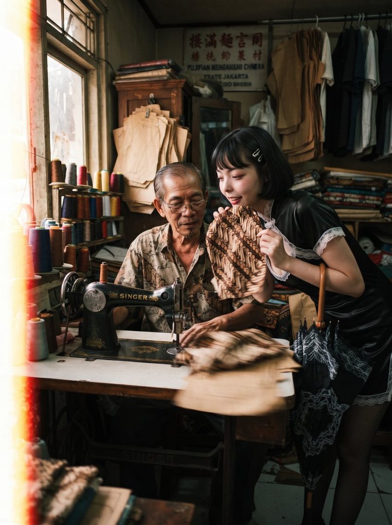An elderly tailor works at a vintage Singer sewing machine while a young woman in a black dress looks on, holding a piece of batik fabric.