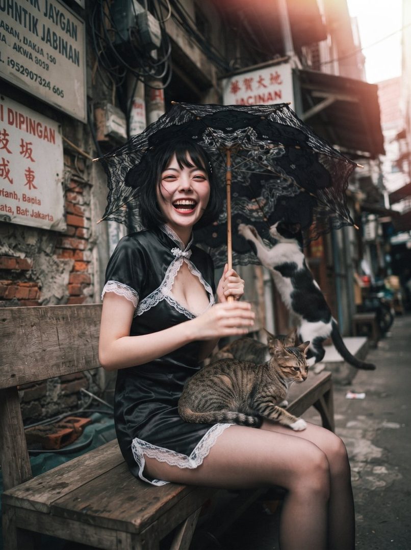 A laughing young woman in a black dress with white lace trim sits on a wooden bench outdoors, holding a black lace umbrella, with cats around her.