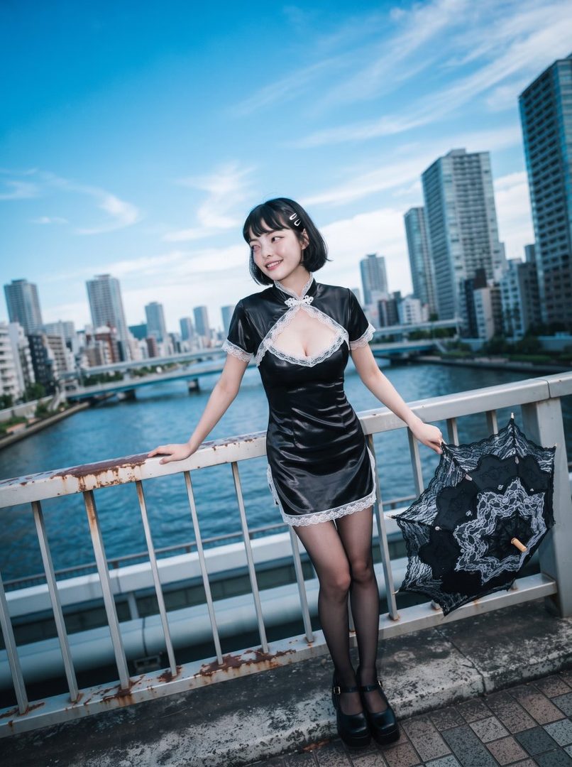 A young woman in a black dress with white lace trim stands on a bridge with a city skyline in the background, holding a black umbrella.