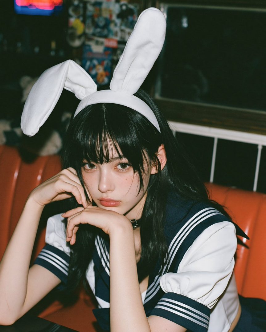 A young woman with long black hair and bangs, wearing a sailor-style uniform and bunny ears, poses indoors with a cute and slightly melancholic expression.