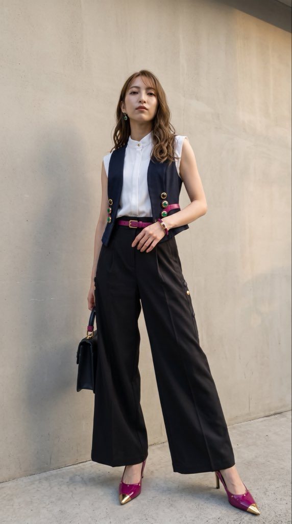 A woman in a white blouse, navy vest, and black wide-leg pants poses outdoors.