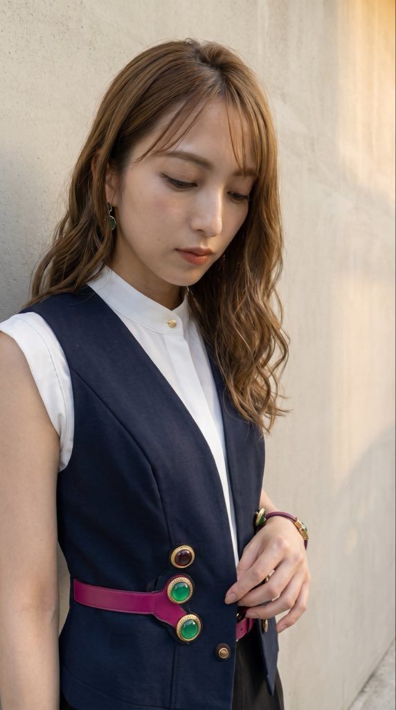 A young East Asian woman with long, wavy brown hair and bangs, wearing a white collared shirt and a dark blue vest with decorative buttons and a pink belt, poses outdoors against a textured wall.