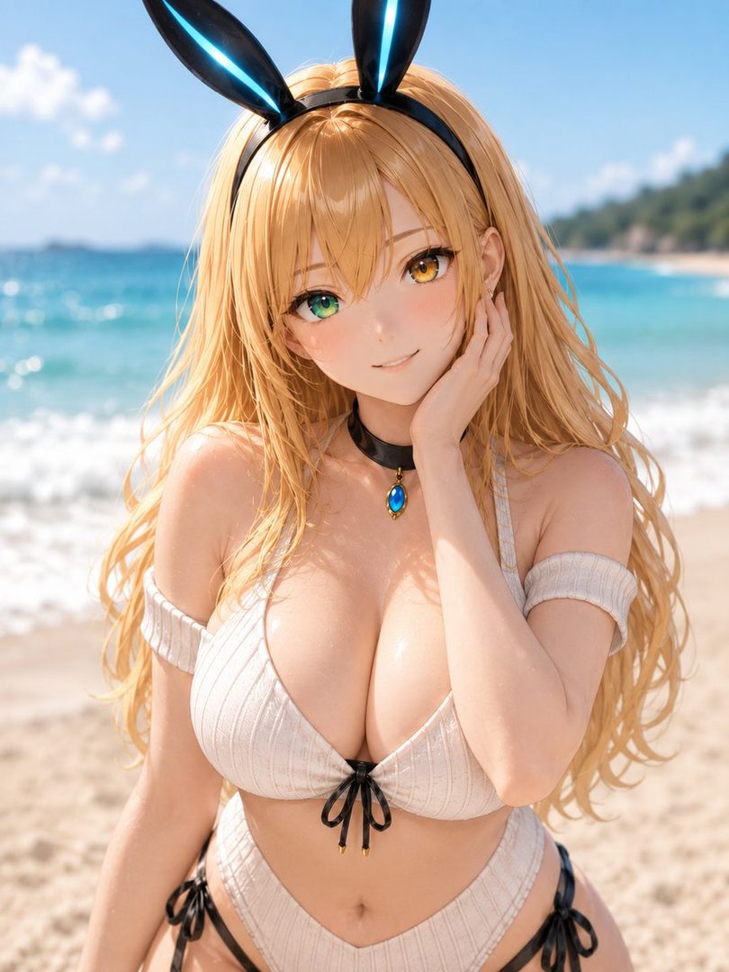 A blonde anime girl with heterochromia and bunny ears, wearing a white bikini, poses on a sunny beach.