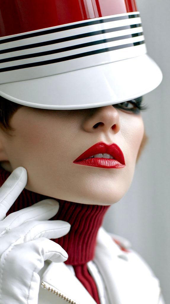 A close-up portrait of a woman wearing a red turtleneck, a white jacket, white gloves, and a red and white marching band hat with black stripes.