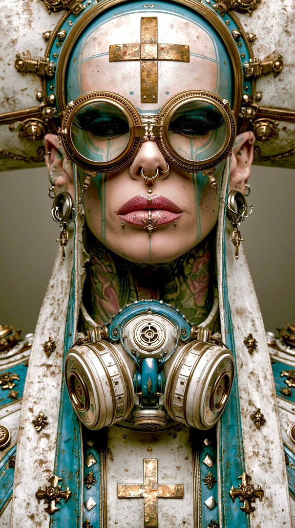 A close-up portrait of a person with extensive facial piercings, tattoos, and a steampunk-inspired gas mask and headpiece.