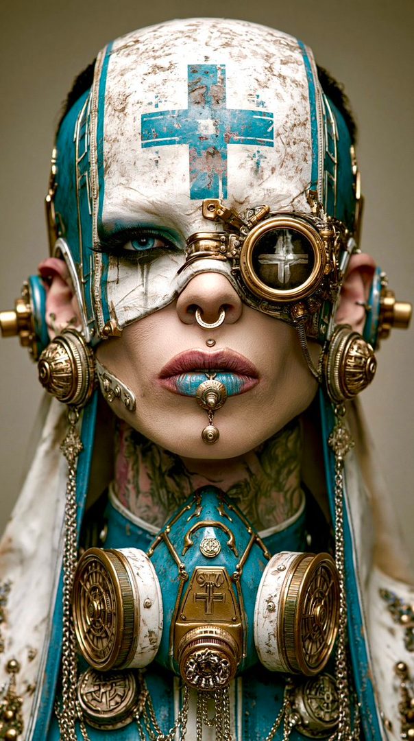 A highly detailed, photorealistic portrait of a person in dystopian, steampunk-inspired attire, featuring a gas mask, goggles, and intricate metallic adornments.
