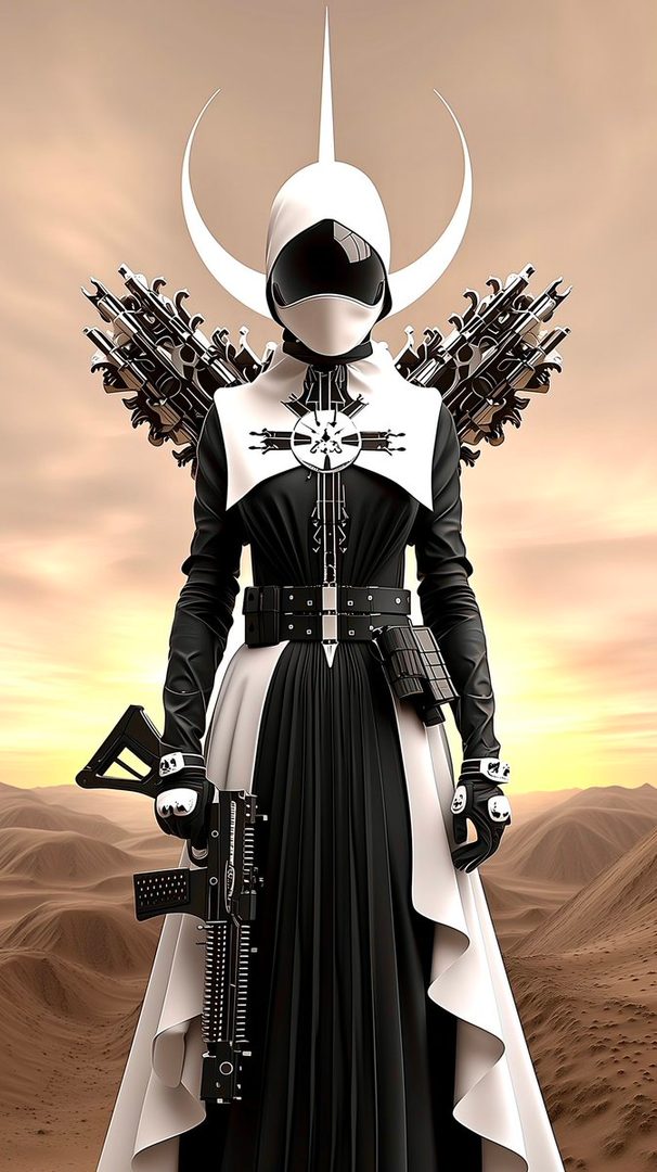 A futuristic nun character in a black and white habit, holding a rifle, with mechanical wings and a crescent moon headdress, standing in a desert landscape.