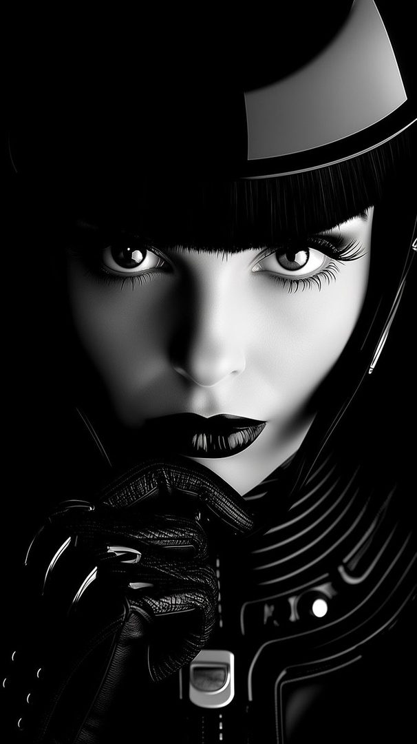 A striking black and white portrait of a woman with dark lipstick and sharp nails, wearing a futuristic outfit.