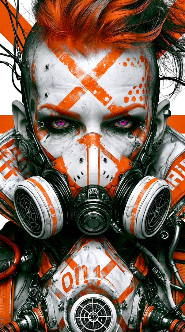 A close-up portrait of a person with bright orange mohawk hair, wearing a futuristic gas mask with orange and white markings, and intense purple eyes.
