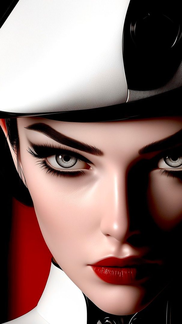 A striking AI-generated portrait of a woman with sharp features, dramatic makeup, and a black and white hat, set against a red and black background.