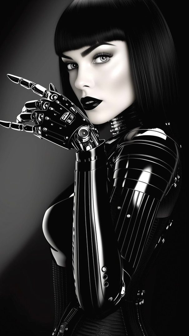 A striking black and white portrait of a woman with a robotic arm, featuring dark hair, bold makeup, and a futuristic aesthetic.