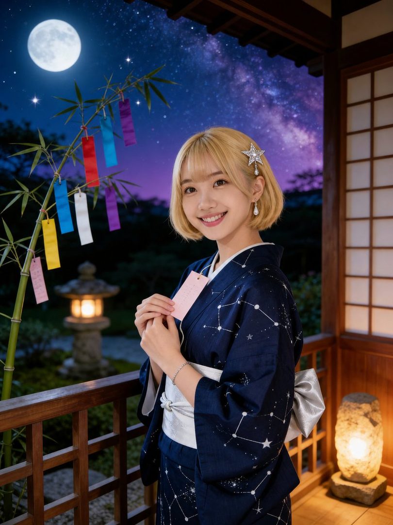A young woman with blonde hair smiles while wearing a dark blue yukata with a constellation pattern, standing on a balcony at night with a full moon and starry sky.