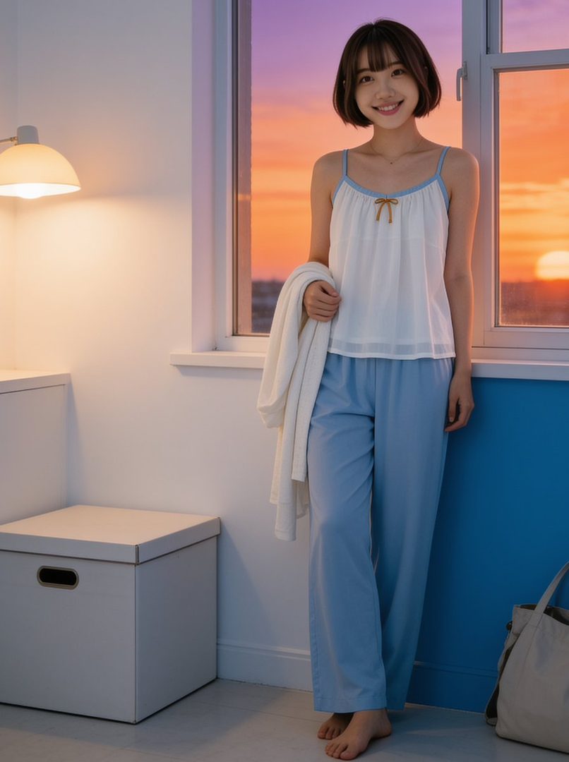 A young East Asian woman in pajamas stands by a window at sunset, holding a cardigan.