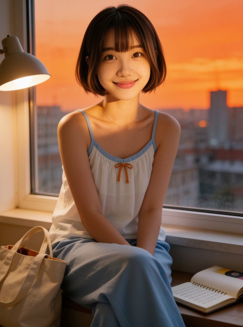 A young East Asian woman with short dark hair and bangs smiles gently while sitting by a window at sunset, wearing a camisole and light blue pants.