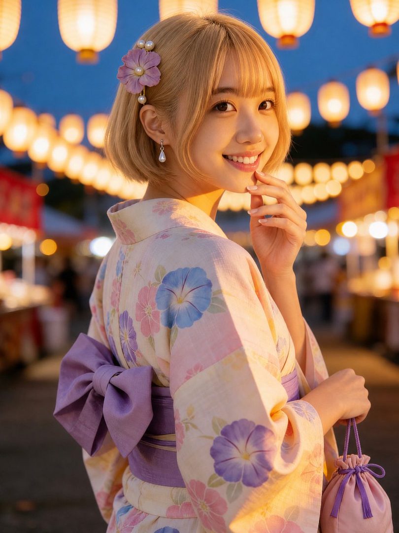 A young Japanese woman with short blonde hair and bangs, wearing a floral yukata and smiling.