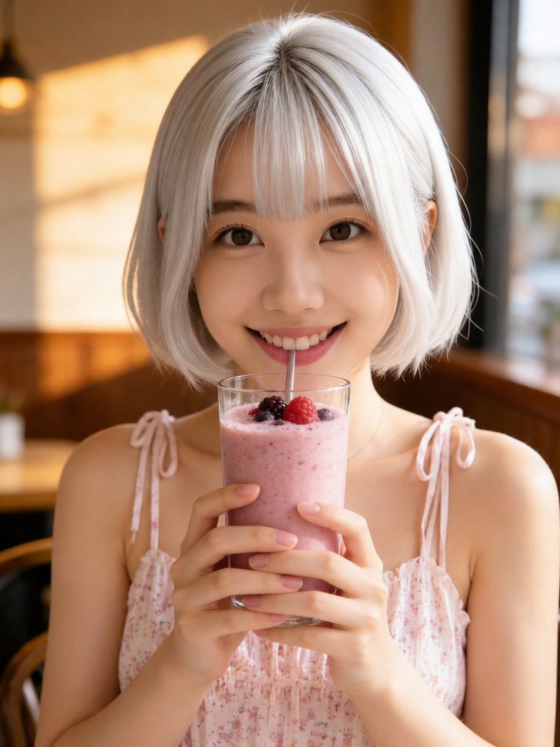 A young East Asian woman with short silver hair and bangs, wearing a floral print dress, smiles while holding a glass of berry smoothie.