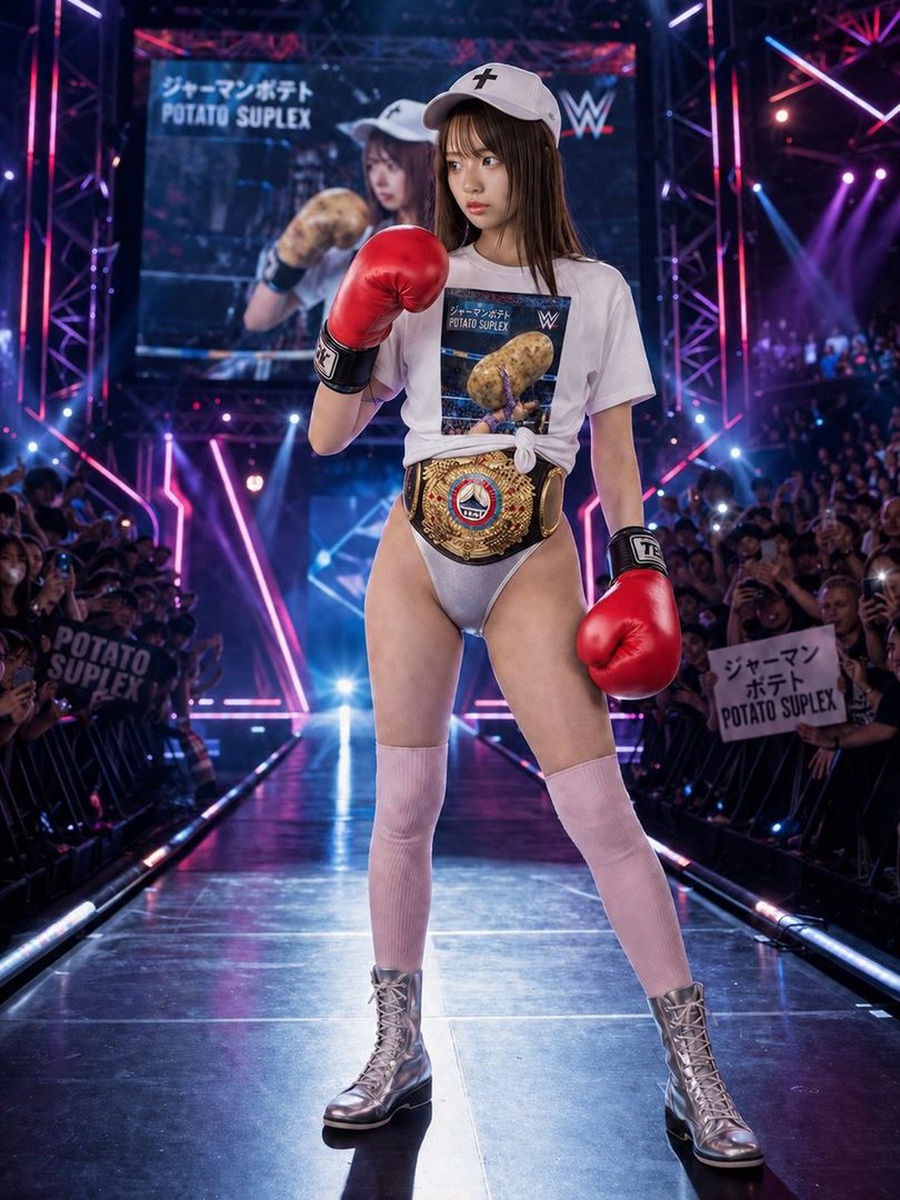 A woman in a white t-shirt, boxing gloves, and a championship belt stands in a wrestling arena, posing playfully.