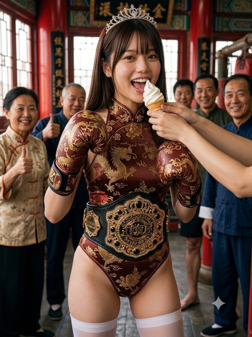 A young woman in a revealing, dragon-patterned outfit and boxing gloves, wearing a tiara, eats an ice cream cone while smiling. She is surrounded by older people in traditional Chinese clothing.