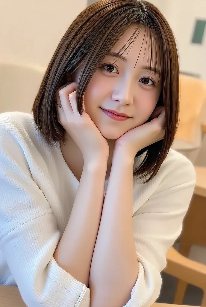 A young East Asian woman with short brown hair and bangs, resting her chin on her hands, looking at the camera with a gentle smile. She is wearing a white blouse indoors.