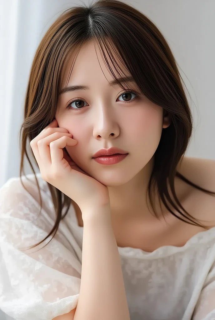 A beautiful AI-generated Japanese woman with long brown hair, resting her chin on her hand, looking gently at the viewer.