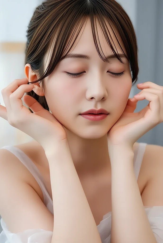 A close-up portrait of a young East Asian woman with her eyes closed, her hands gently touching her face, with soft lighting.