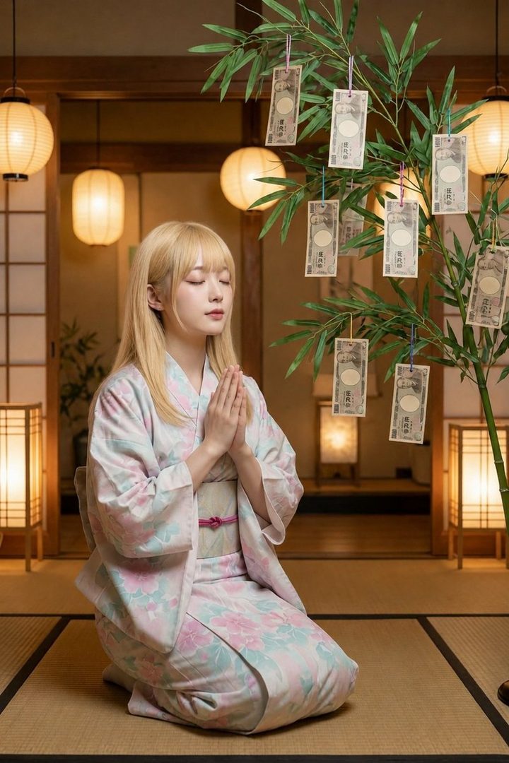 A young woman with blonde hair, wearing a light pink and blue floral kimono, kneels with her hands clasped in prayer in a traditional Japanese room with paper lanterns and a bamboo tree decorated with Japanese yen bills.
