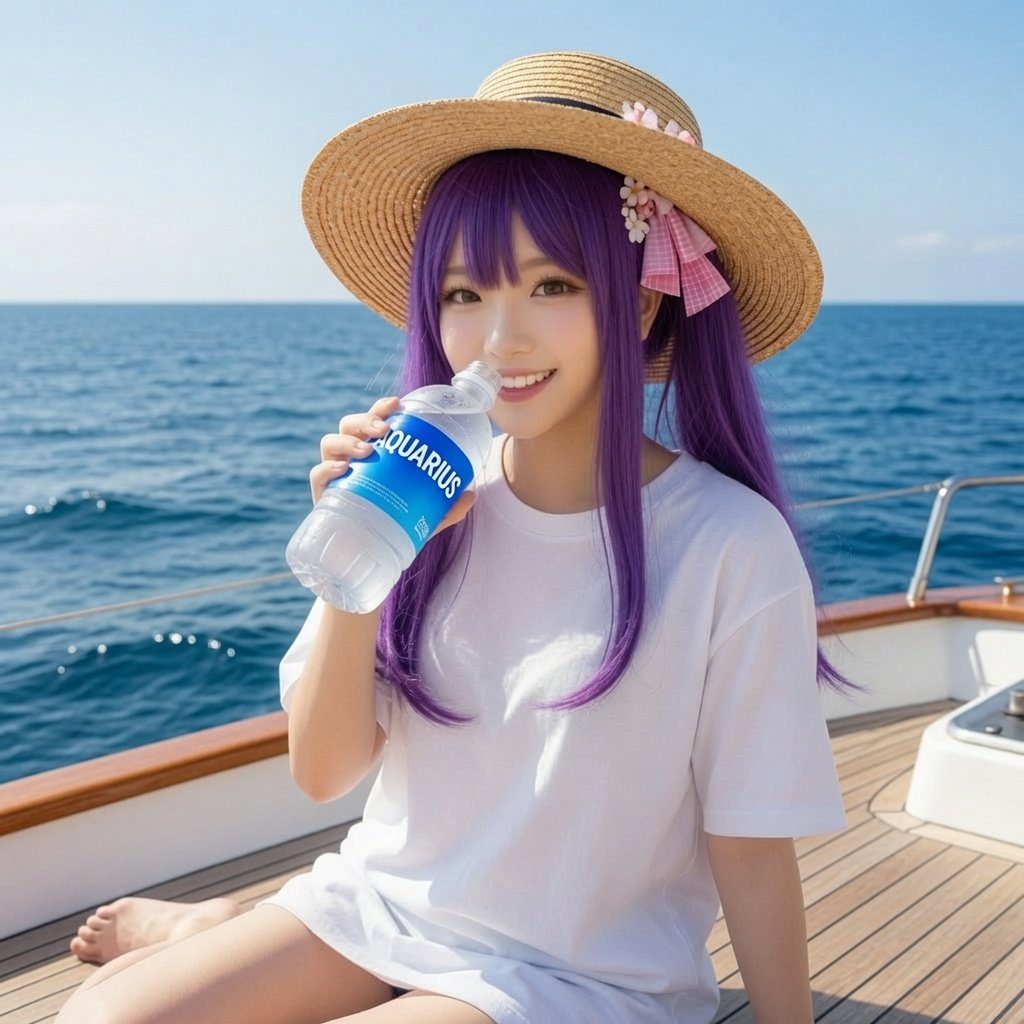 A young woman with long purple hair and a straw hat drinks from a bottle of Aquarius water while sitting on a boat deck with the ocean in the background.