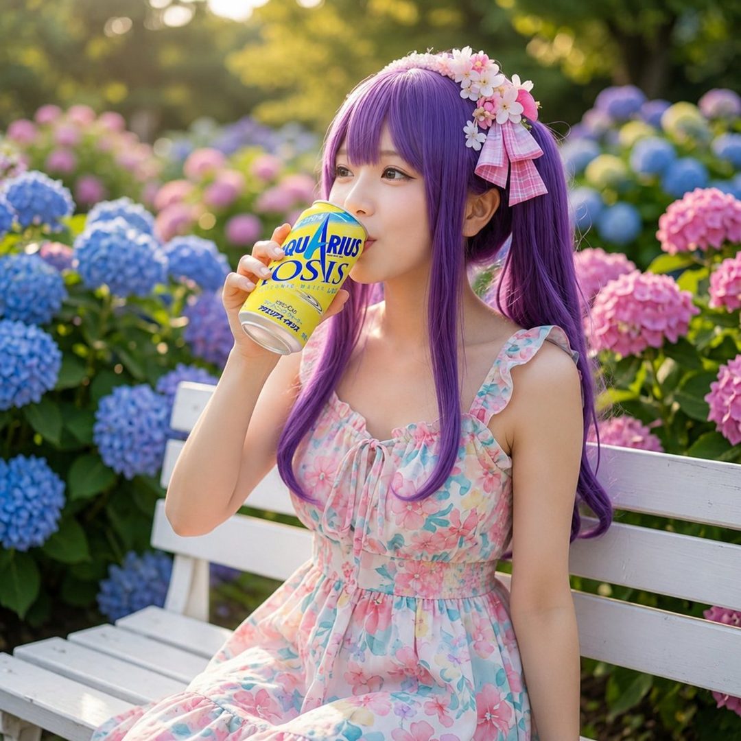 A young woman with purple hair and a floral dress drinks from a can of Aquarius while sitting on a bench surrounded by hydrangeas.
