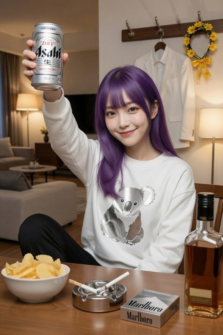 A young woman with purple hair smiles and holds up a can of Asahi beer, with a bowl of chips, cigarettes, and a bottle of whiskey on the table.