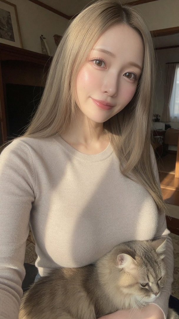 A young woman with long blonde hair takes a selfie indoors, holding a cat.
