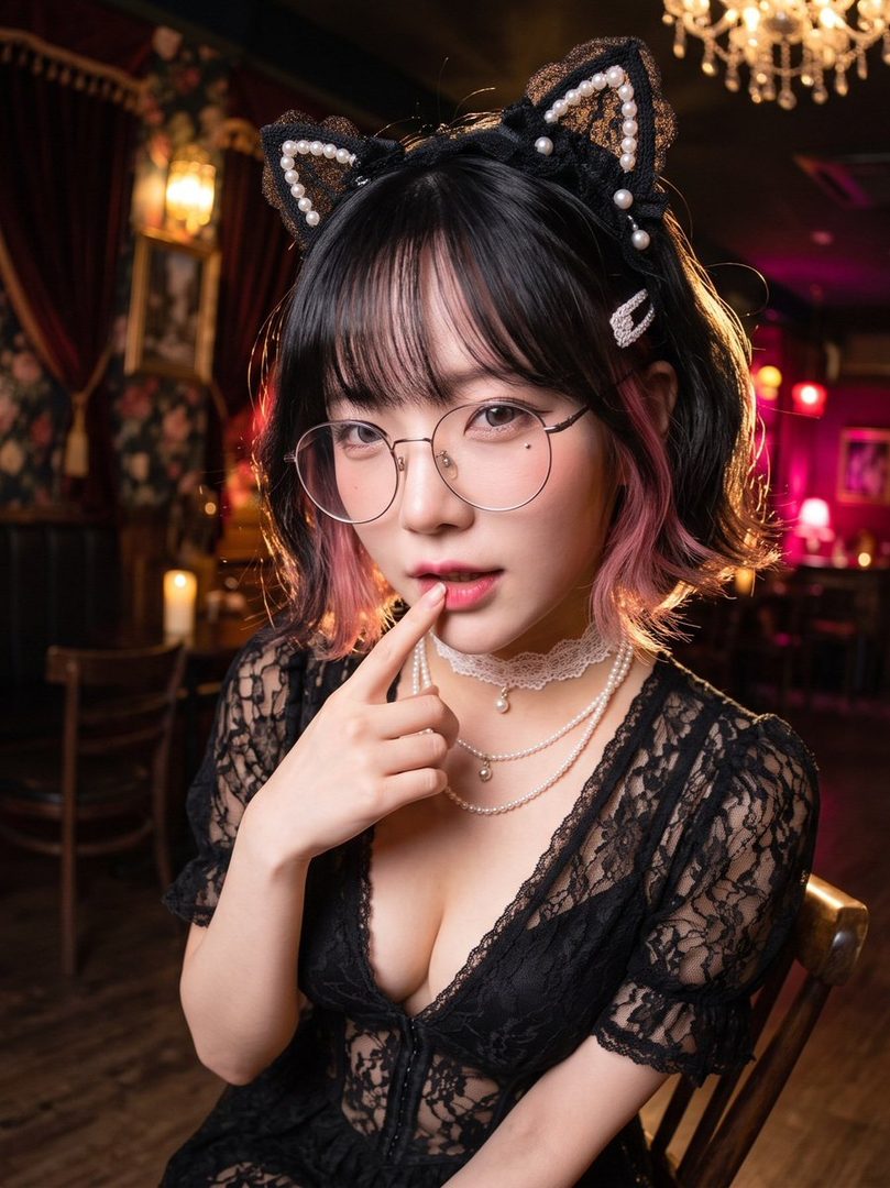 A young woman with black hair, pink highlights, and glasses, wearing a black lace dress and cat ears, poses indoors.