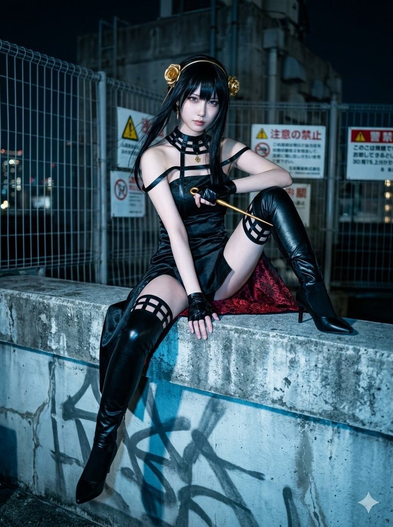 A woman in a black dress and thigh-high boots, posing outdoors at night, dressed as Yor Forger from Spy x Family.