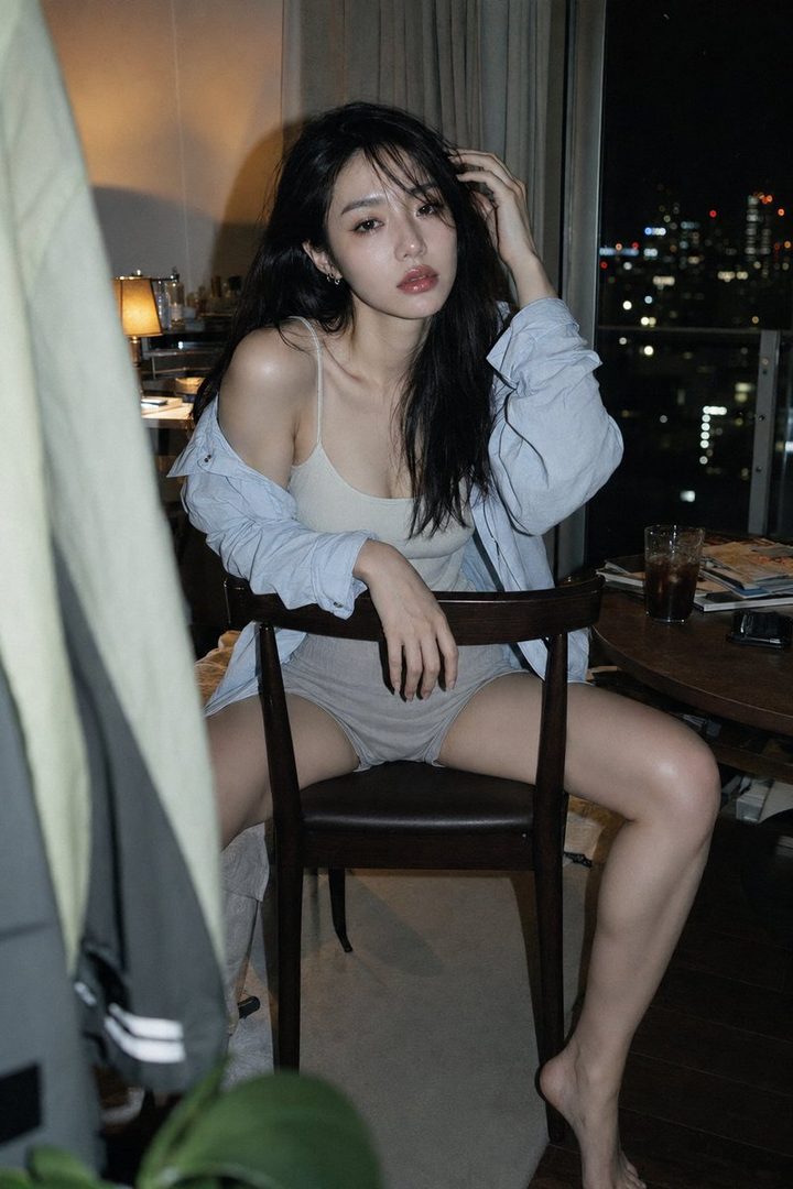A beautiful East Asian woman with long black hair sits indoors at night, wearing a camisole and shorts, with a city skyline visible in the background.