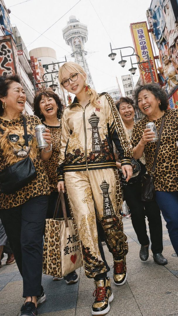 A young woman in a stylish tracksuit with a Tokyo Tower motif walks with three older women in leopard print tops, all smiling and enjoying themselves on a bustling city street.