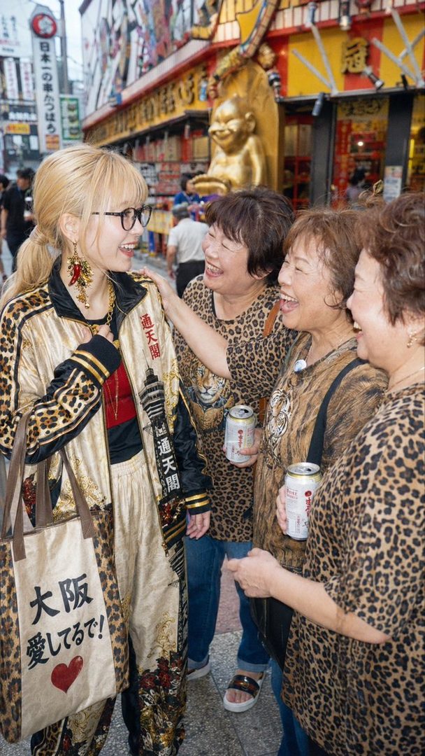 A young woman with blonde hair and glasses, wearing a gold and leopard print tracksuit, poses with three older women in leopard print tops, all smiling and laughing on a city street in front of a building with Japanese signage.