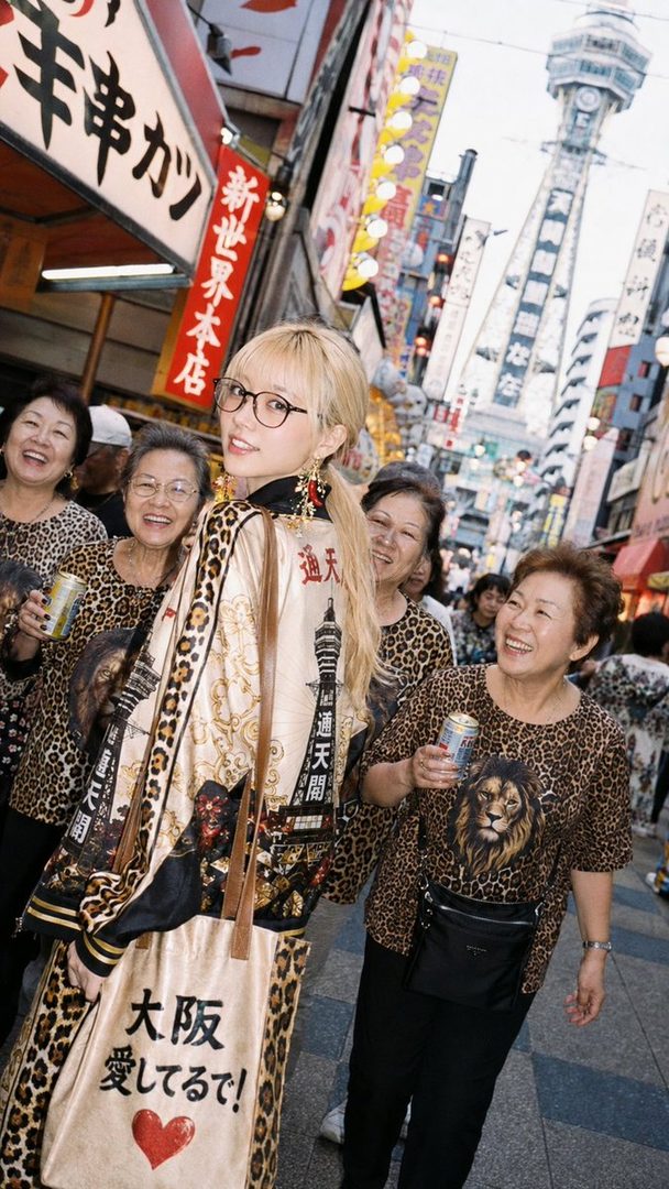 A young woman with blonde hair and glasses poses in a busy city street, surrounded by older women, wearing a striking leopard-print kimono-style jacket with Japanese text and imagery.