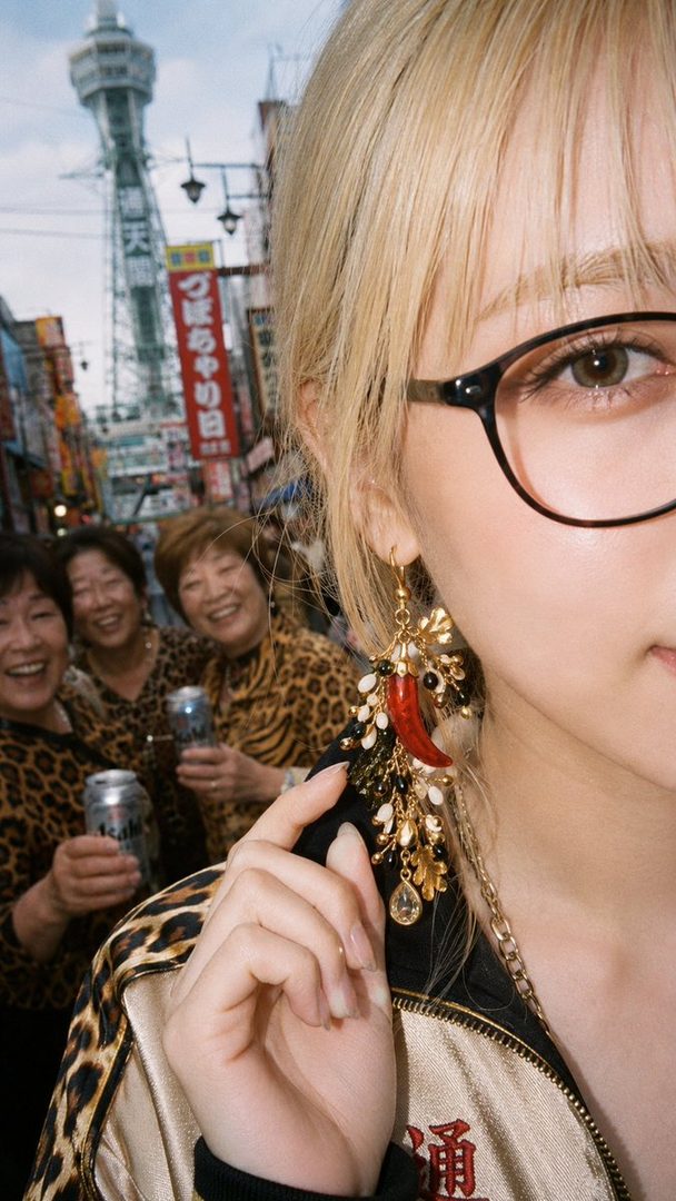 A young woman with blonde hair and glasses, wearing a leopard print jacket, poses in a bustling city street with other women in the background.