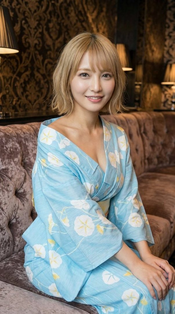 A young Japanese woman with short blonde hair, wearing a light blue yukata with a floral pattern, smiles gently while sitting indoors on a plush sofa.