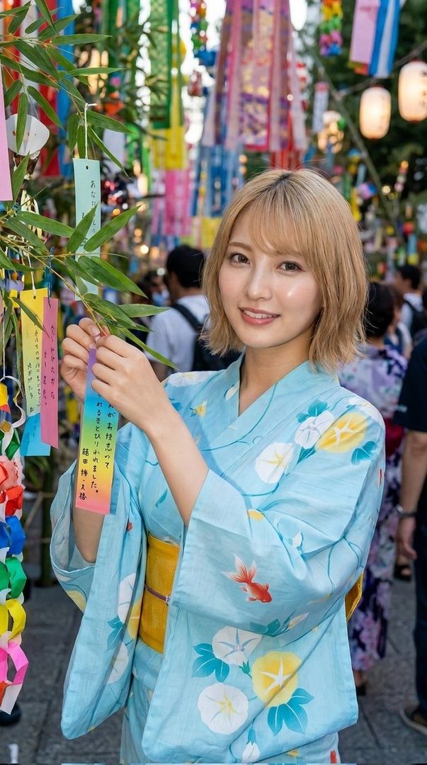 A young Japanese woman with short blonde hair, wearing a light blue yukata with floral and goldfish patterns, smiles as she touches a bamboo branch decorated with colorful Tanabata wishes.