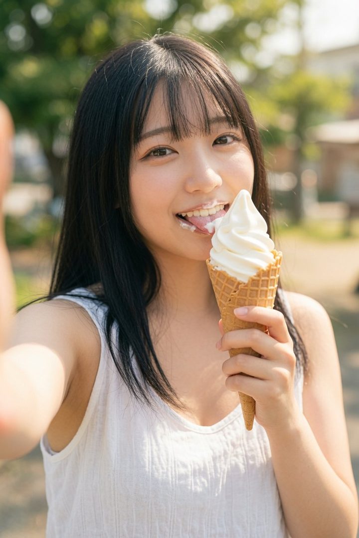 A young Japanese woman with long black hair takes a selfie while eating a vanilla soft-serve ice cream cone outdoors on a sunny day.