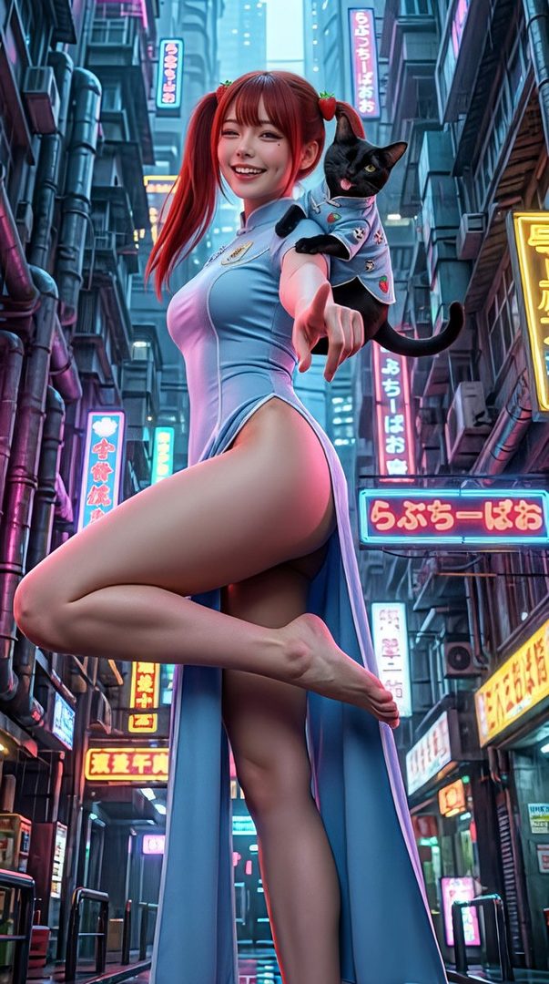 A smiling young woman with red twin-tails, wearing a light blue qipao dress, poses with a black cat on her shoulder in a neon-lit city alley.