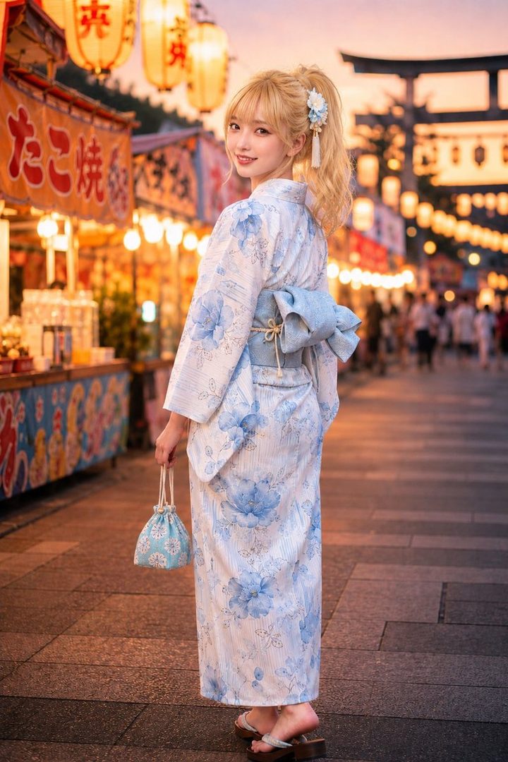 A young woman with blonde hair in a ponytail, wearing a blue and white floral yukata, poses on a street lined with food stalls and lanterns at dusk.