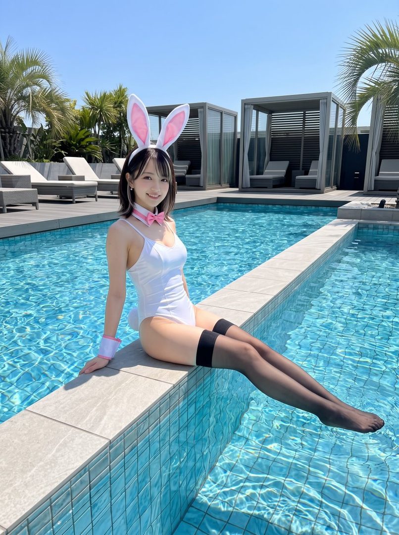 A young woman in a white bunny-themed swimsuit and thigh-high stockings sits by a swimming pool, wearing bunny ears and a pink bow tie.