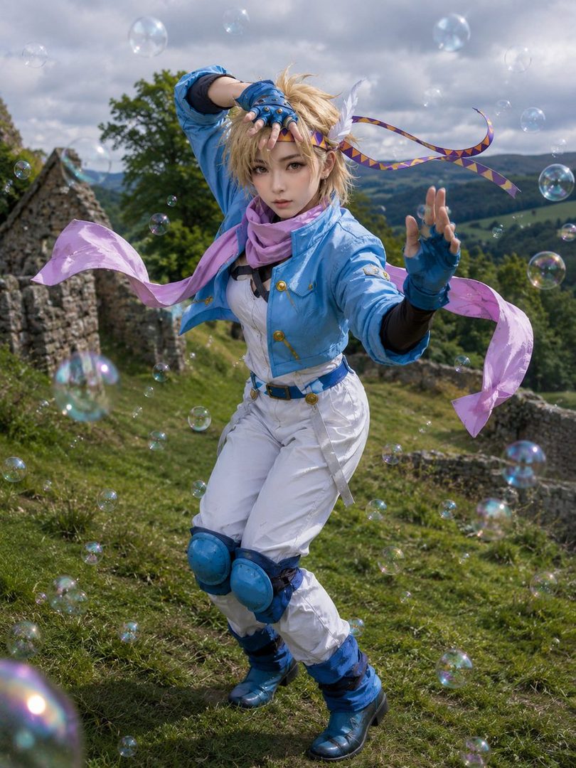A cosplayer dressed as Caesar Zeppeli from JoJo's Bizarre Adventure, posing outdoors with bubbles floating around.