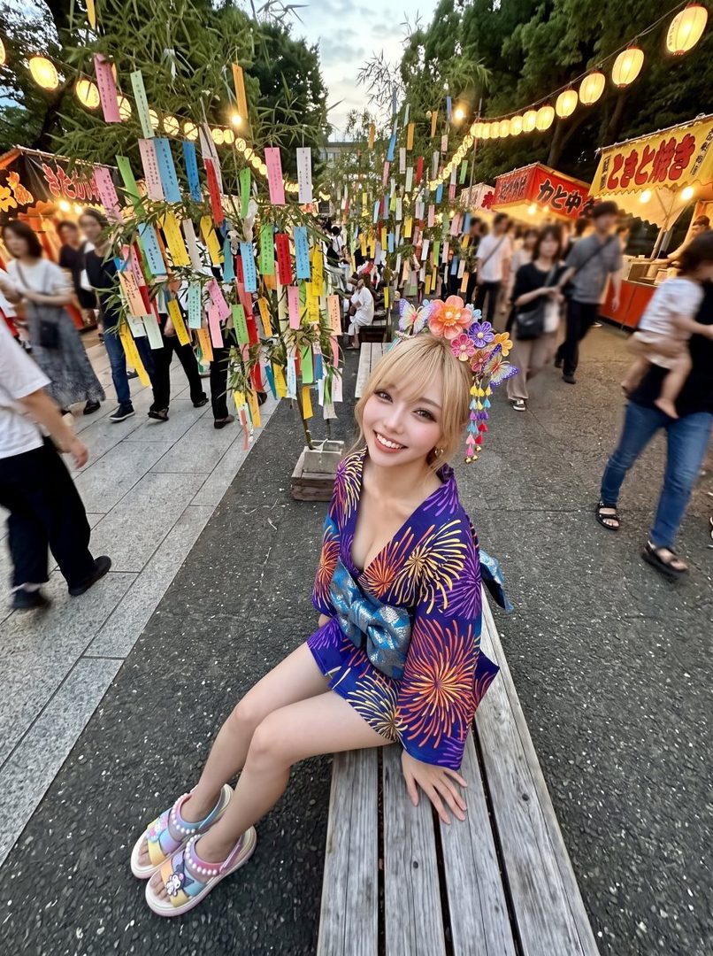 A young woman with blonde hair and a colorful yukata smiles while sitting on a bench at a summer festival with decorated bamboo trees.
