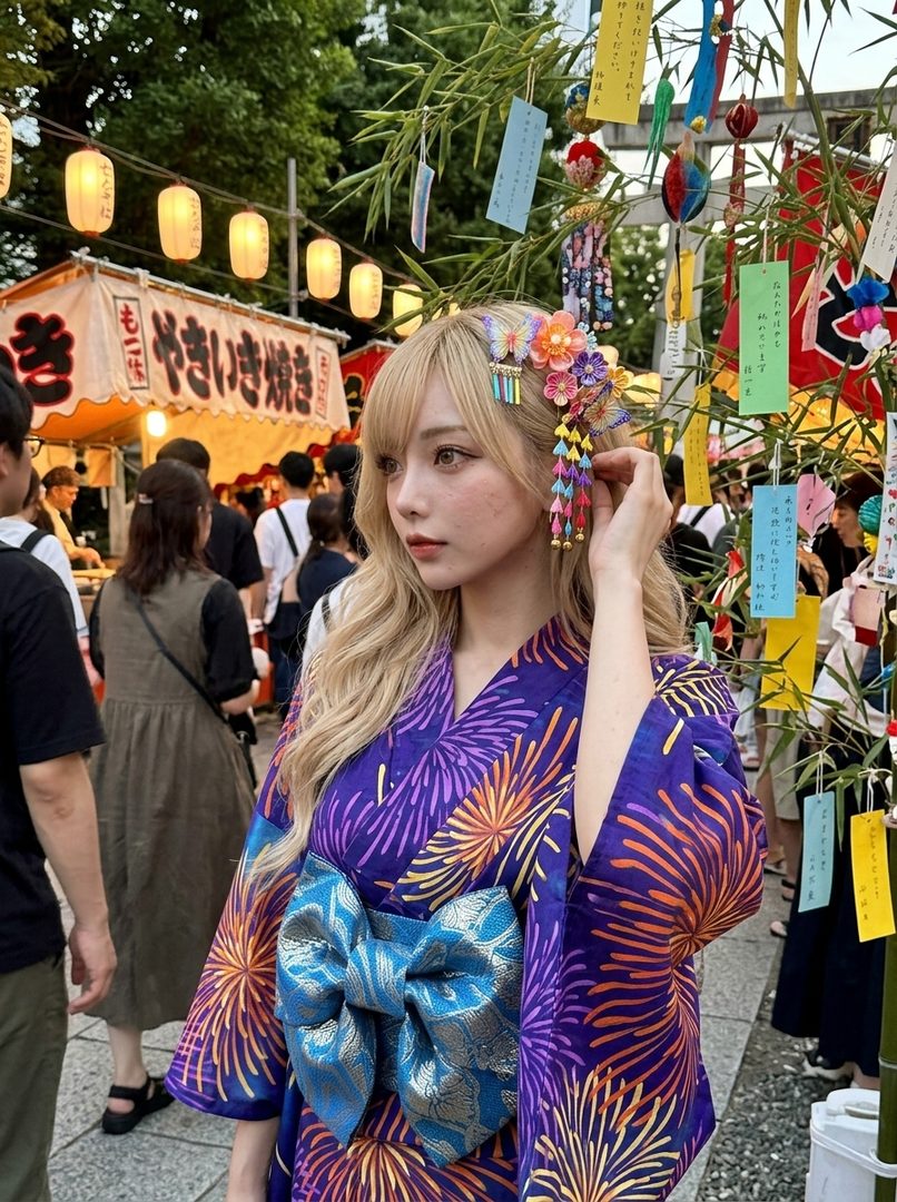 A young woman with blonde hair and a colorful yukata stands at a Japanese festival, with lanterns and decorations in the background.