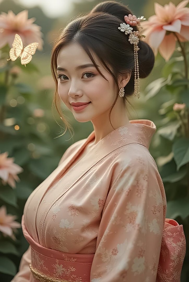 A beautiful AI-generated portrait of a young East Asian woman in a pink kimono, with her hair styled up and adorned with flowers and jewels, posing in a garden with blooming flowers and a butterfly.