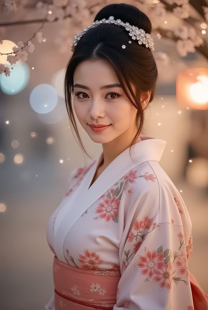 A beautiful AI-generated East Asian woman in a traditional kimono with floral patterns, styled hair, and elegant makeup, posing outdoors at night with bokeh lights.
